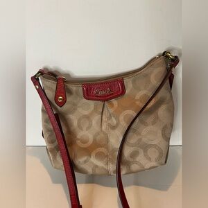 Coach C Art Tan Canvas Shoulder Bag Crossbody Purse Red Leather Accents strap